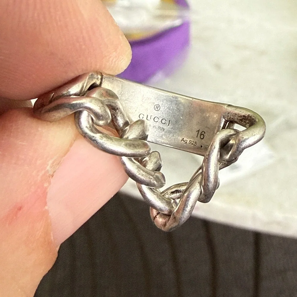 Gucci 678711 Unisex Sterling Silver Chain Ring with Black plaque,‎ SZ 15